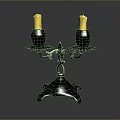 Brass Double Candle Holder With Two Yellow Candles And Decorative Carvings On Ornate Base