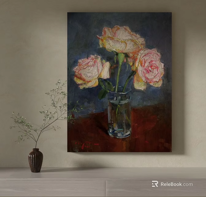 Beautiful Plant Painting with Pink Yellow Roses in Glass Vase on Dark Table 3d model 