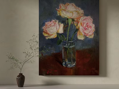 Beautiful Plant Painting with Pink Yellow Roses in Glass Vase on Dark Table 3d model