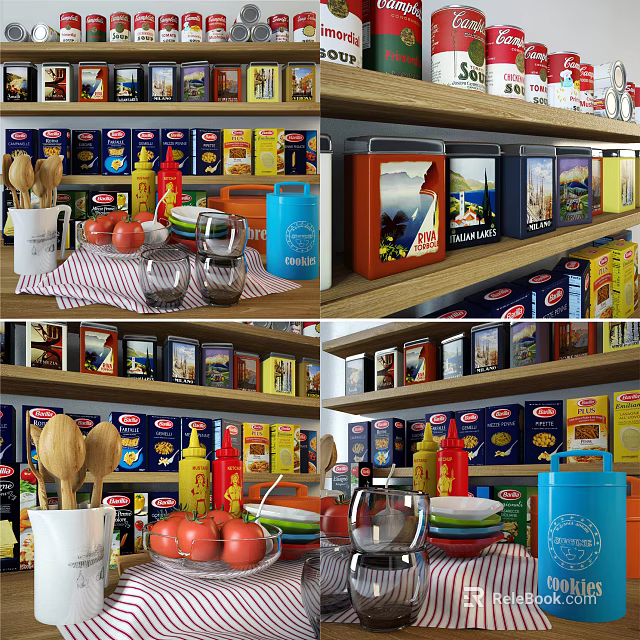 Neatly Arranged Kitchen Shelf With Colorful Spice Bottles And Various Condiments 3d model 