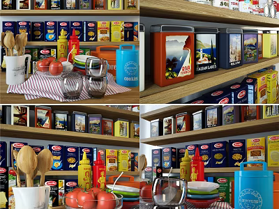 Neatly Arranged Kitchen Shelf With Colorful Spice Bottles And Various Condiments 3d model