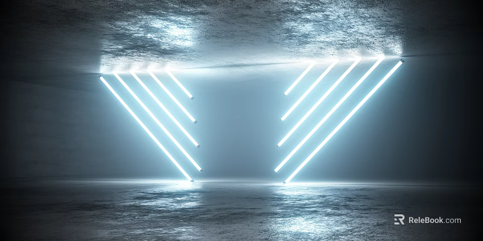 Futuristic Interior Space With Symmetric Neon Light Stripes And Reflective Surfaces 3d model 