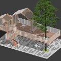 Wooden Pergola Design with Spiral Staircase and Open Platform Railing Surrounded by Green Tree