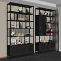 Modern Chinese Style Dark Wood Display Shelves With Ceramic Vases Books And Ornaments