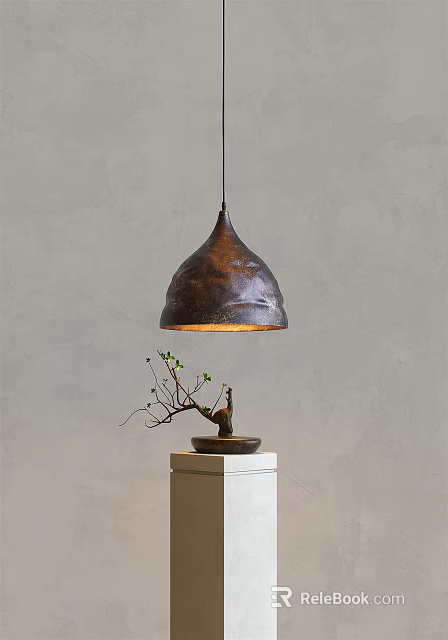 Brown Metal Conical Pendant Light Above Small Potted Plant On White Pedestal Against Gray Wall 3d model 