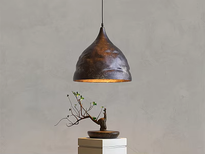 Brown Metal Conical Pendant Light Above Small Potted Plant On White Pedestal Against Gray Wall 3d model