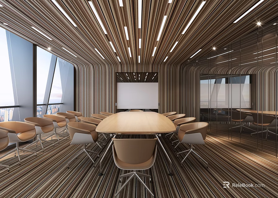 Modern Conference Room Interior With Long Wooden Table Ergonomic Chairs Large Windows And Projector Screen 3d model 