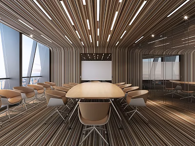 Modern Conference Room Interior With Long Wooden Table Ergonomic Chairs Large Windows And Projector Screen 3d model