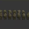 Ancient Sculptures With Weathered Texture And Moss Arranged In A Row On Gray Background