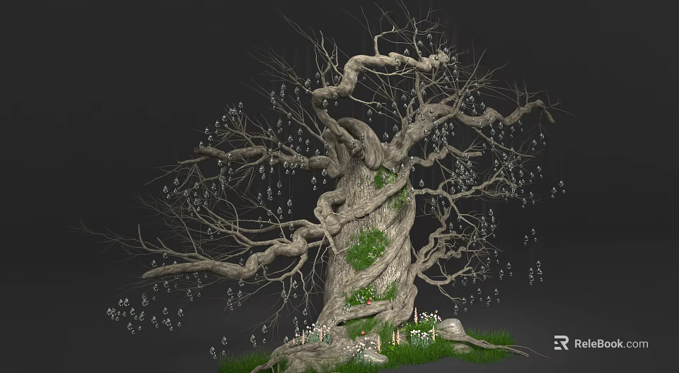 Ancient Massive Tree with Thick Trunk Twisted Branches Green Moss Green Grass and White Flowers 3d model 