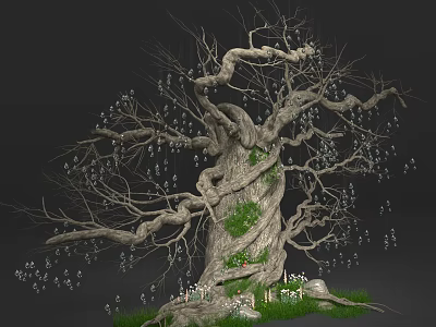 Ancient Massive Tree with Thick Trunk Twisted Branches Green Moss Green Grass and White Flowers 3d model