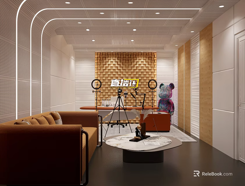 Modern Interior Live Streaming Setup With Tripod Sofa And Brick Wall Lighting 3d model 