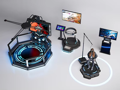 VR Gaming Equipment With Interactive Platforms Display Screens And Standing User 3d model