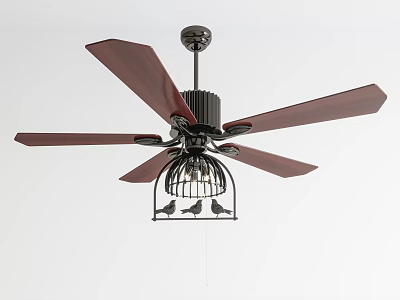 Ceiling Fan With Red Blades Black Design And Birdcage Decoration For Home Use 3d model