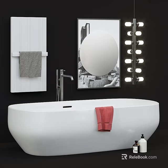 White Bathtub with Red Towel Modern Faucet Round Mirror and Light Fixtures 3d model 