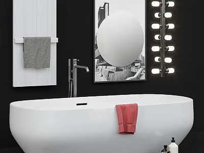 White Bathtub with Red Towel Modern Faucet Round Mirror and Light Fixtures 3d model