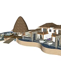 Tropical Thatched Roof House with Pool Terrace and Circular Water Features