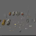 Assorted Weapon Components Including Ammunition Launchers Metal Parts And Antenna Structures