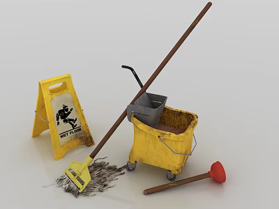 Essential Household Cleaning Tools Set With Yellow Bucket Mop Warning Sign And Red Plunger 3d model