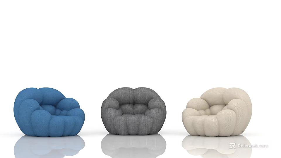 Rounded Puffy Single Chair With Blue Gray Beige Fabric And Smooth Reflective Floor 3d model 