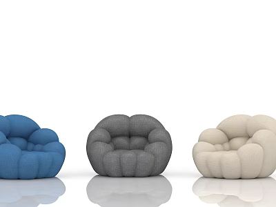 Rounded Puffy Single Chair With Blue Gray Beige Fabric And Smooth Reflective Floor 3d model