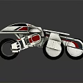 Futuristic Three Wheel Vehicle With White Body Red Accents And Black Windshield