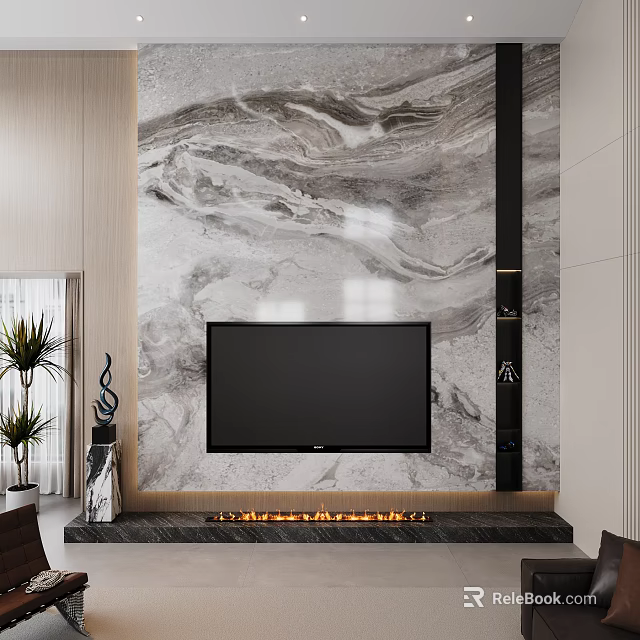 Modern TV Wall Design with Marble Texture Mounted TV and Fireplace 3d model