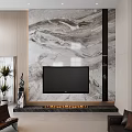 Modern TV Wall Design with Marble Texture Mounted TV and Fireplace 3d model