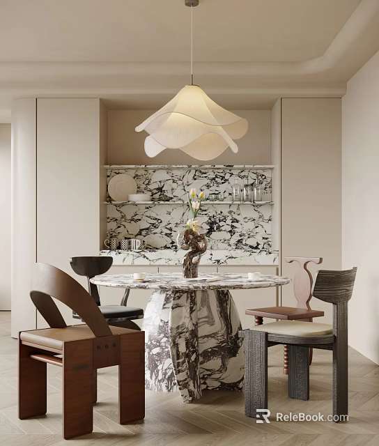 Elegant Modern Restaurant Interior With Marble Backsplash Dining Table Chairs And Pendant Light 3d model