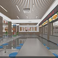 Spacious Cafeteria Interior With Long Tables Blue Stools And Wooden Ceiling 3d model