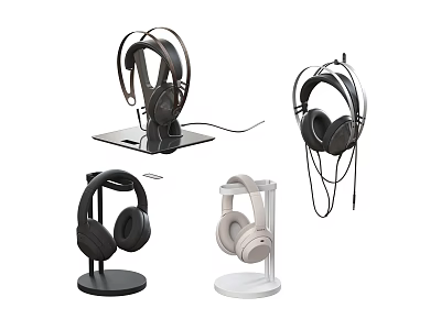 Collection of Headphones on Stands with Various Colors and Styles 3d model