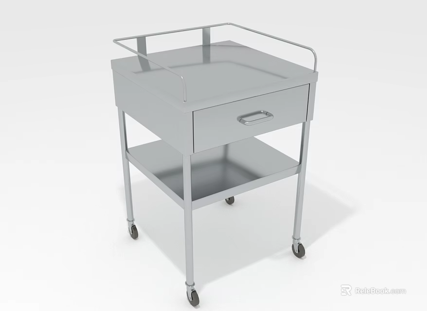 Silver Wheeled Utility Cart With Drawer Lower Shelf And Top Rail 3d model 