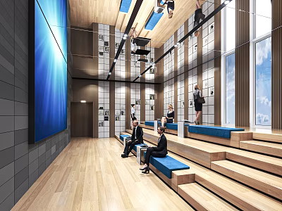 Modern Interior Space With Tiered Seats Large Screen And Wooden Floors 3d model