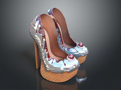 Women's High Heel Shoes Silver Colored With Dripping Design And Pink Jewels On Platform Sole 3d model