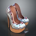 Women's High Heel Shoes Silver Colored With Dripping Design And Pink Jewels On Platform Sole