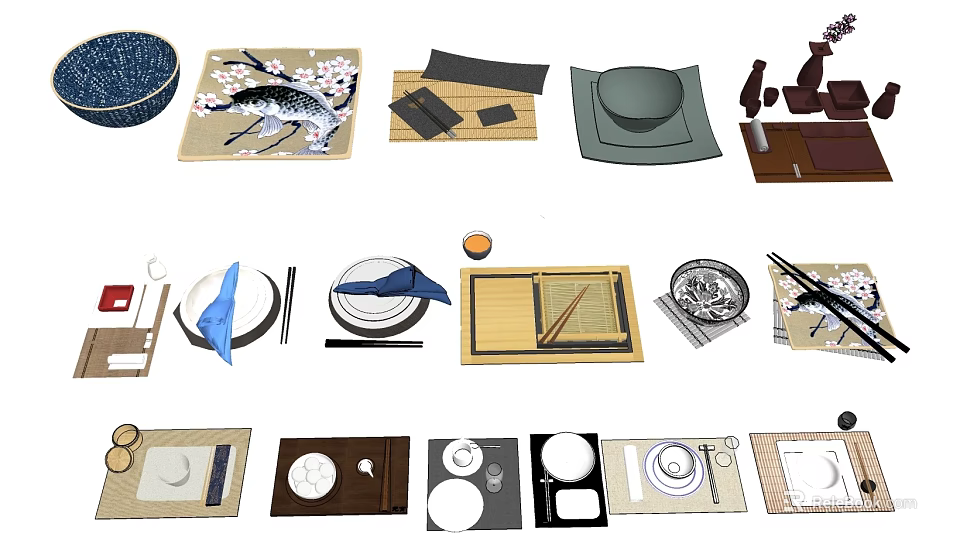 Traditional Japanese Style Tableware Set With Bowls Plates Chopsticks And Placemats 3d model 