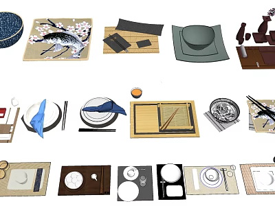 Traditional Japanese Style Tableware Set With Bowls Plates Chopsticks And Placemats 3d model