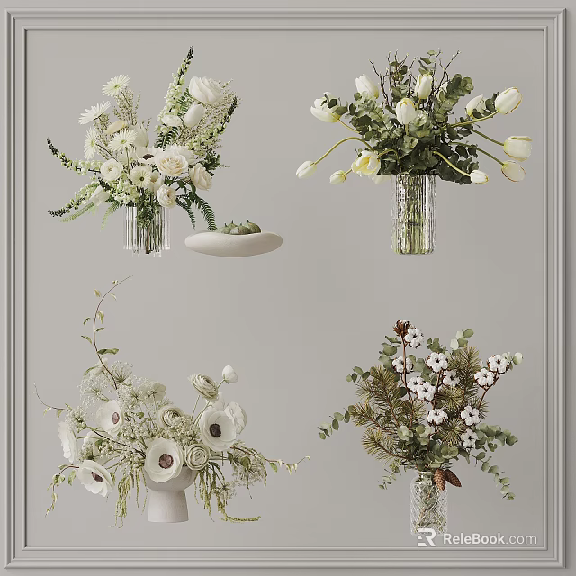 Stylish White Green Flower Arrangements In Glass Vases With Cotton And Greenery 3d model 