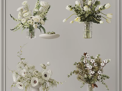 Stylish White Green Flower Arrangements In Glass Vases With Cotton And Greenery 3d model