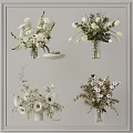 Stylish White Green Flower Arrangements In Glass Vases With Cotton And Greenery