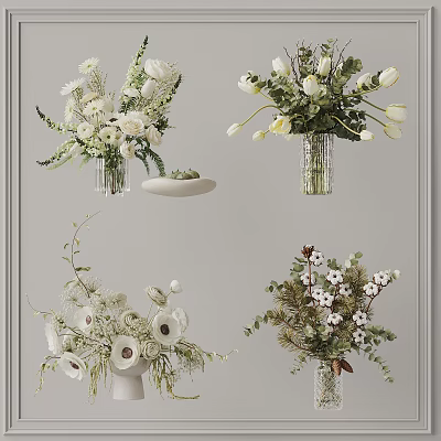 Stylish White Green Flower Arrangements In Glass Vases With Cotton And Greenery 3d model