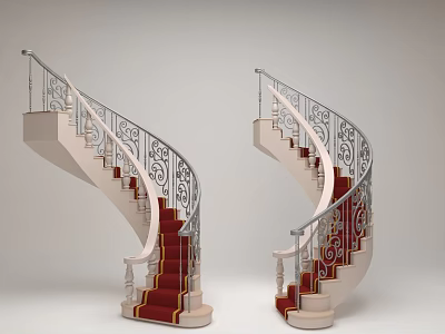 Elegant Spiral Staircase Design With Ornate Railings And Red Carpeted Steps 3d model