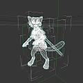 Cartoon Cat Character In Adventurer Costume With Sword And Purple Gem