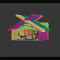 Log Cabin Structure with Crossed Wooden Roof Beams and Interior Fireplace with Burning Fire