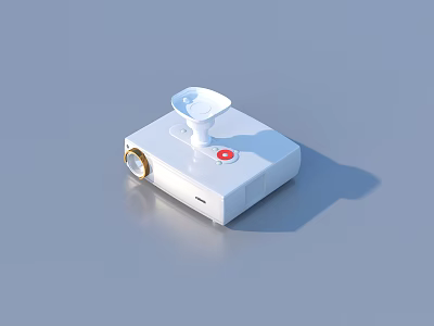 White Household Portable Projector With Red Button Golden Lens And Funnel Shaped Top 3d model
