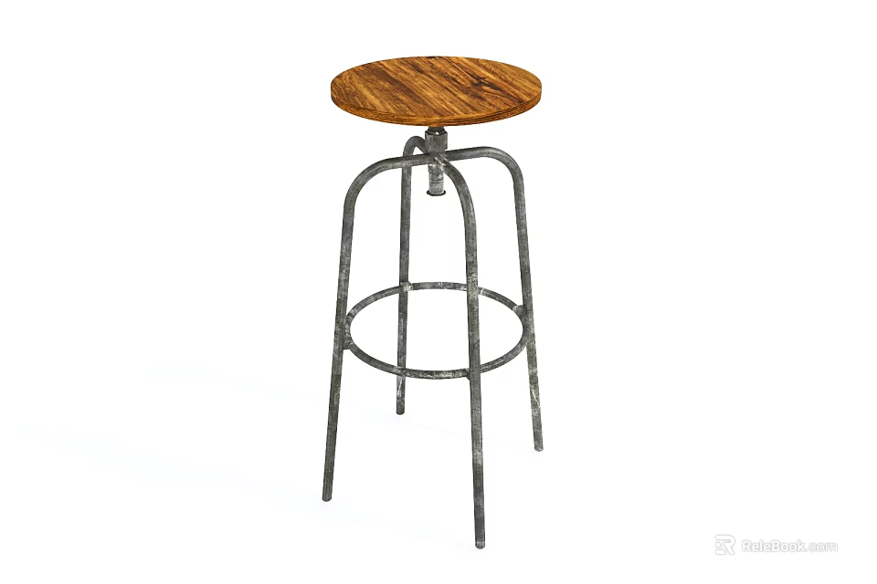 Industrial Style Bar Stool with Round Wooden Seat and Metal Frame Adjustable Height Design 3d model 