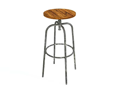 Industrial Style Bar Stool with Round Wooden Seat and Metal Frame Adjustable Height Design 3d model