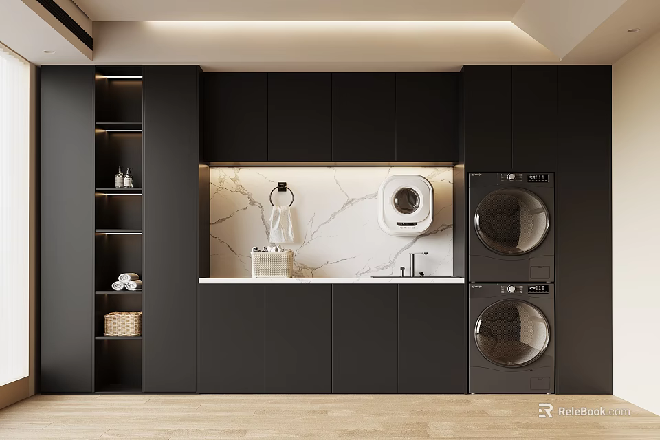 Modern Laundry Room With Stacked Washers Black Cabinets And Marble Countertop 3d model 