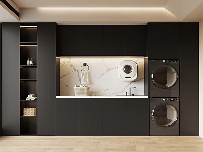 Modern Laundry Room With Stacked Washers Black Cabinets And Marble Countertop 3d model