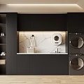 Modern Laundry Room With Stacked Washers Black Cabinets And Marble Countertop